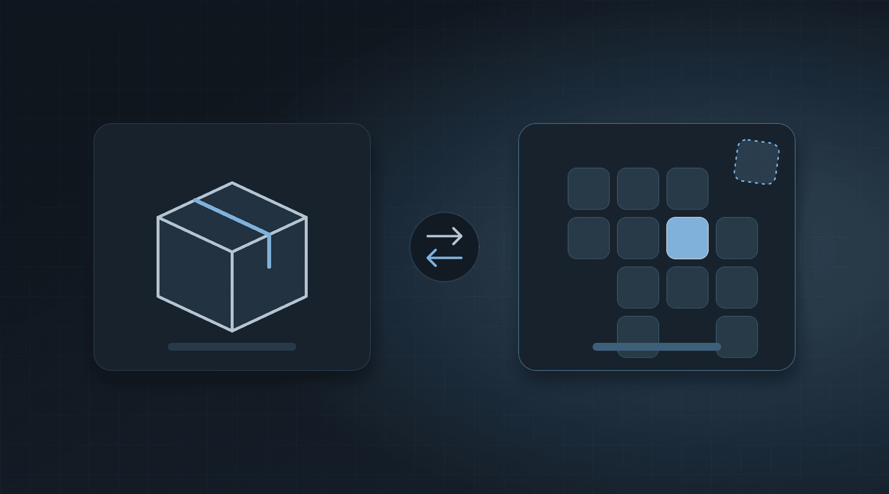 An illustration of a sealed package on one side and a custom-built grid of pieces on the other, with two arrows between them for the choice.