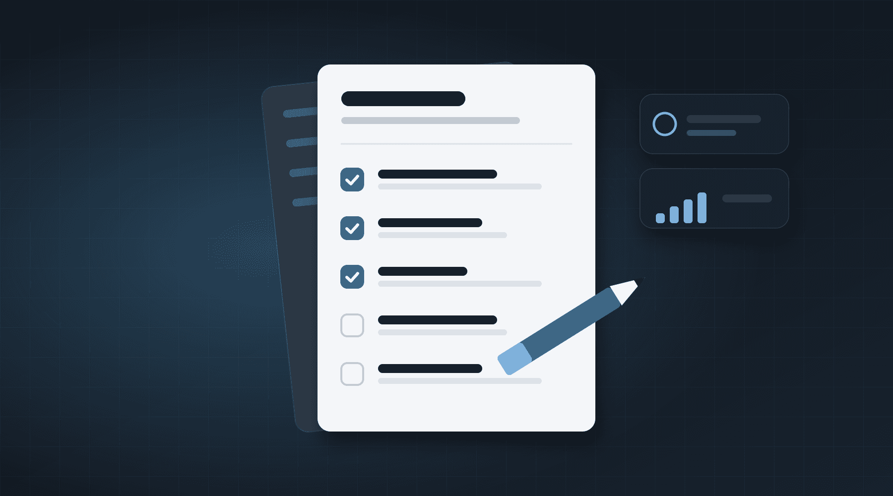 An illustration of a project brief on paper, with a checklist of five items, three of them ticked, and a pencil.