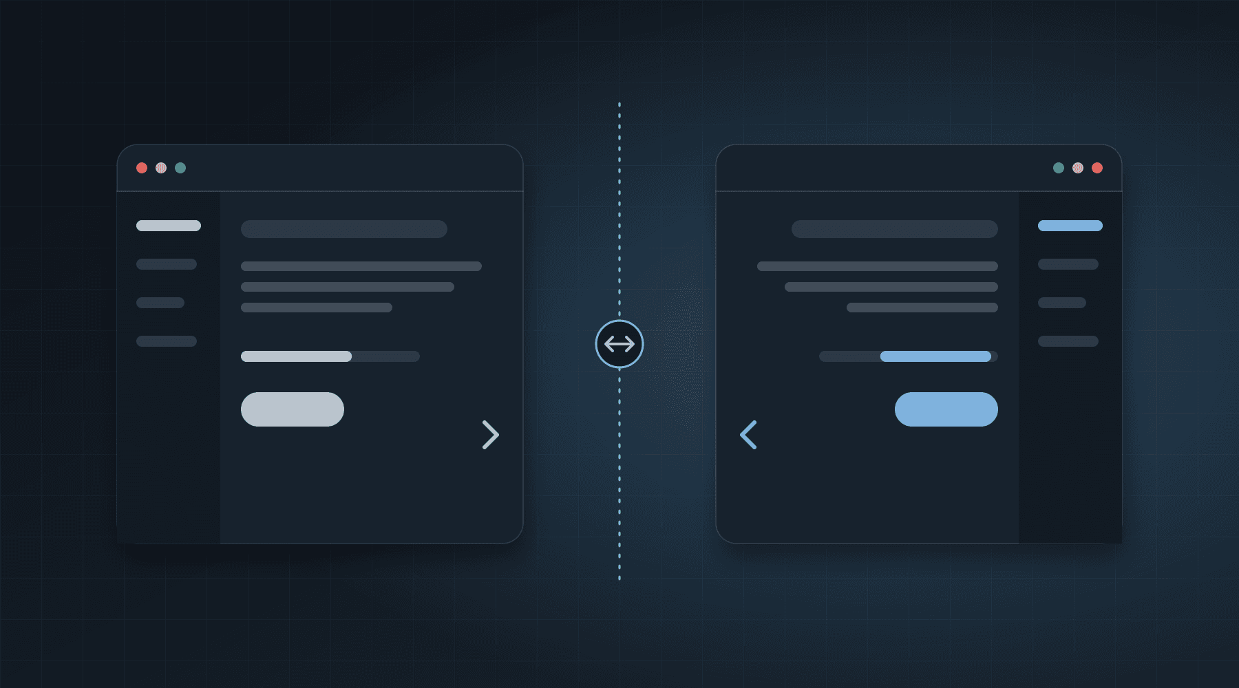 An illustration of the same screen drawn twice, left to right and mirrored right to left for Arabic, with a mirror line between them.