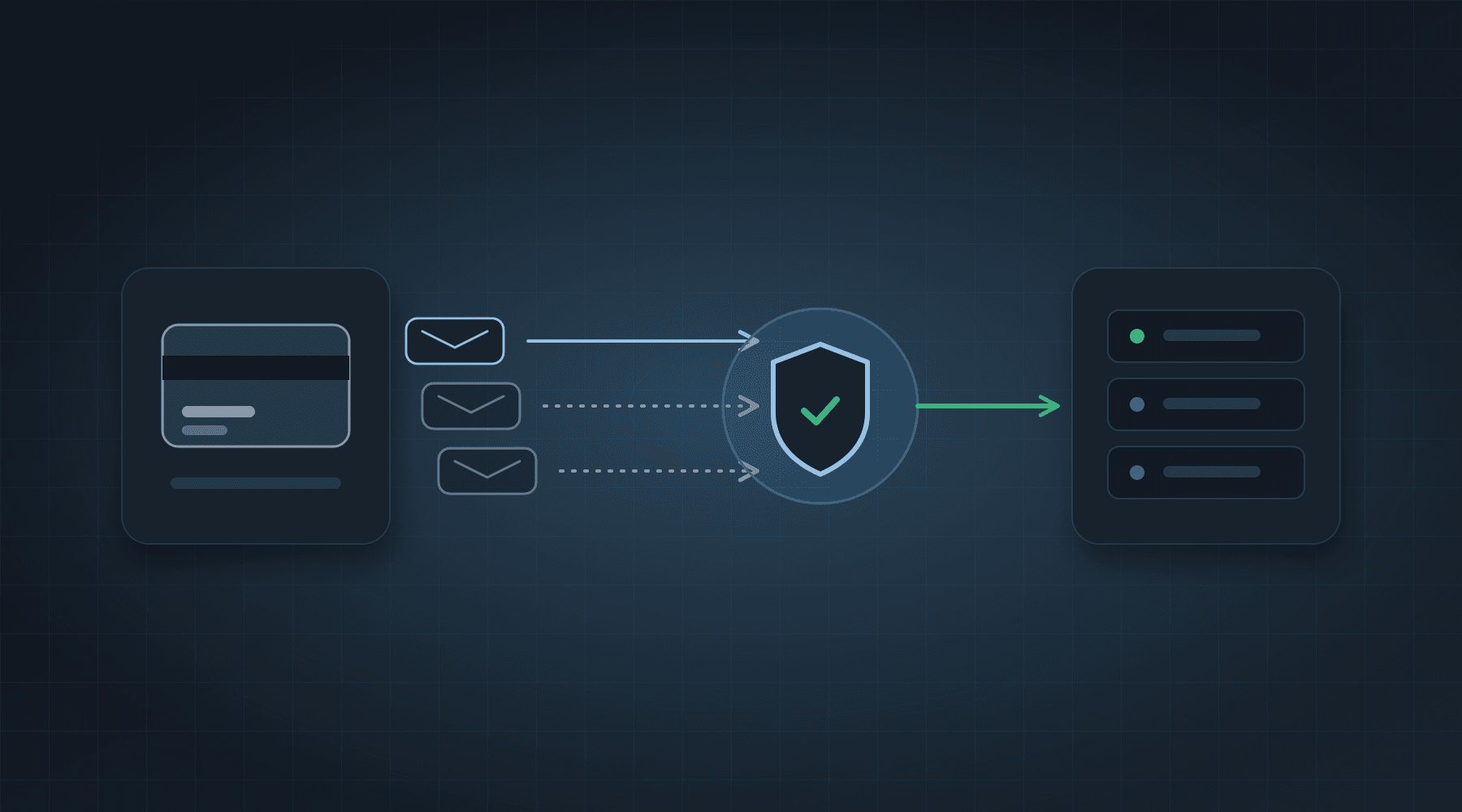 An illustration of a payment gateway sending the same notice three times, and a shield with a tick that lets only one of them through to the server.