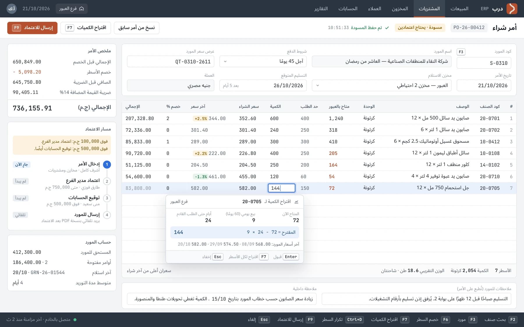 Keyboard-first Arabic purchase order with supplier, delivery date, lines with last purchase price, a suggested quantity and the approval route.