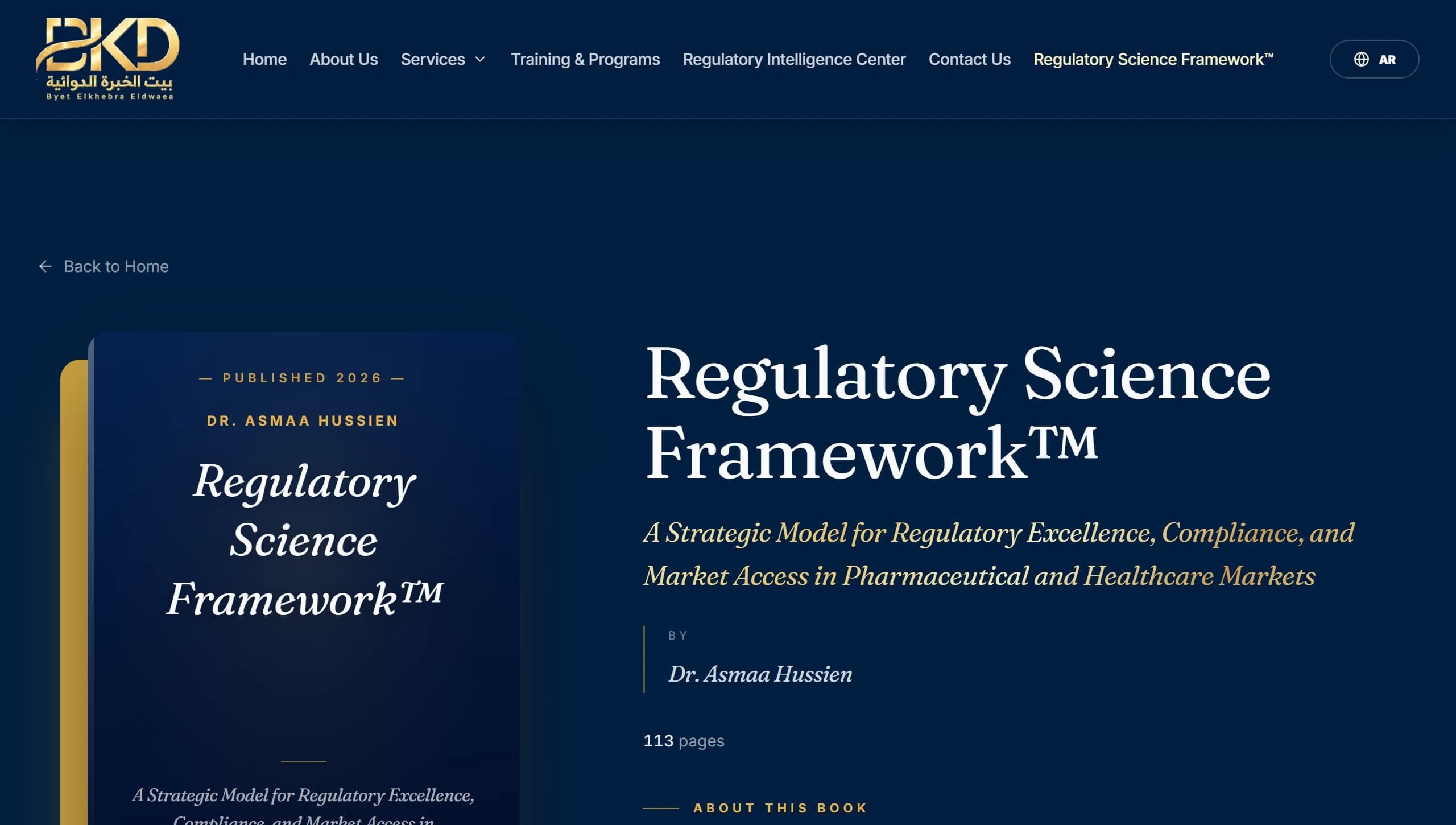 The book page: the Regulatory Science Framework™ shown as a book, with its title and author.