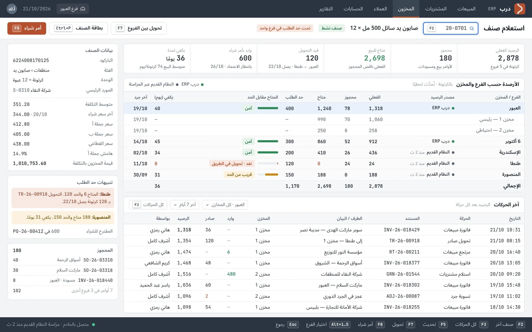 Arabic stock inquiry for one item: on-hand, reserved and available stock per branch and warehouse, reorder alerts and recent movements.