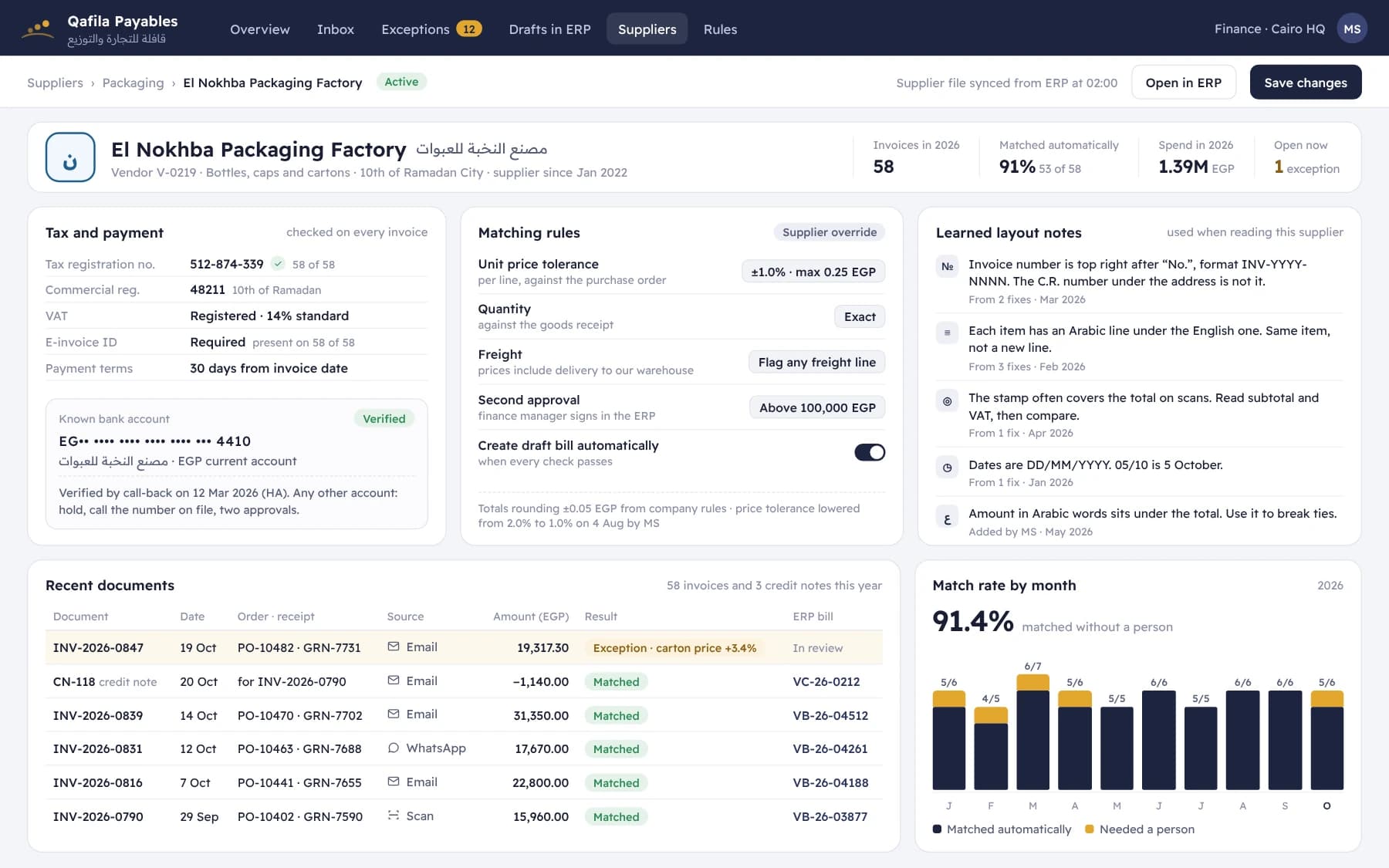 Supplier profile showing tax registration, VAT, verified bank account, price tolerance rules, learned layout notes, recent invoices and monthly match rate.