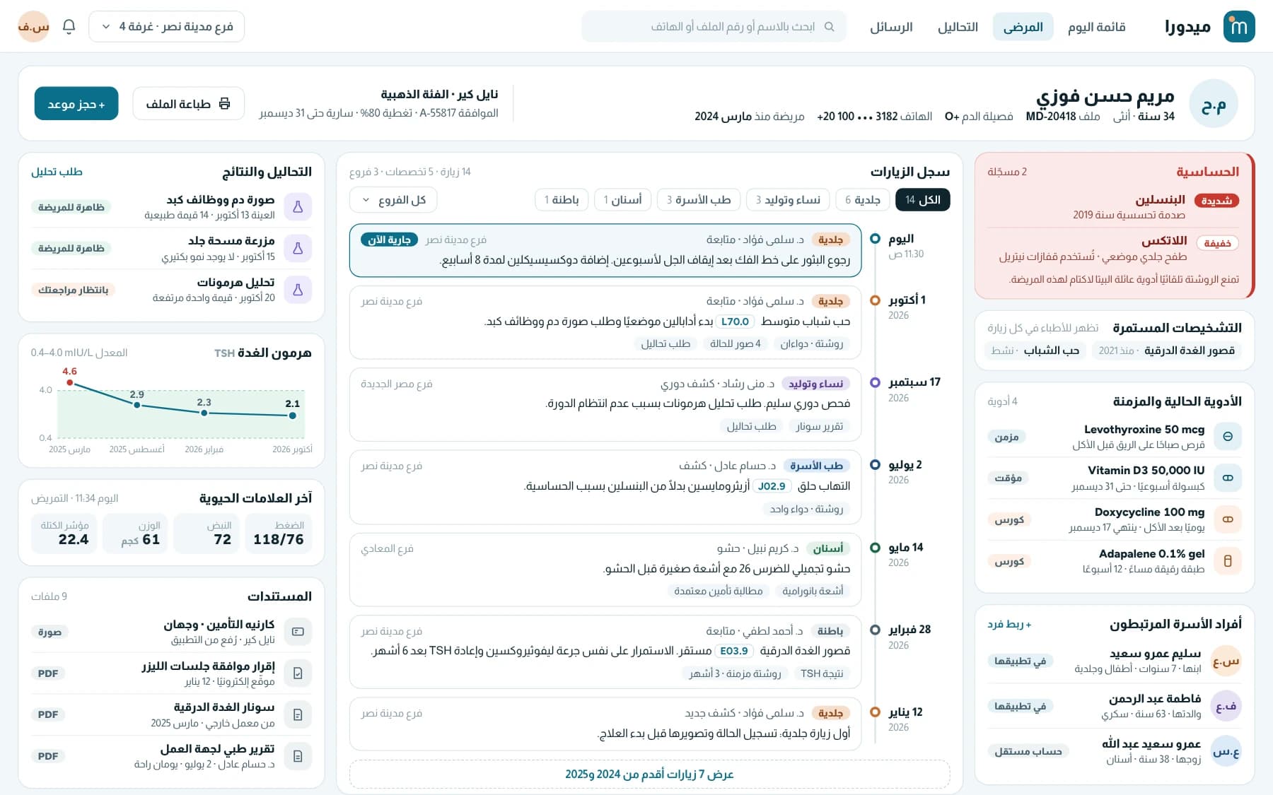 Arabic patient file with allergies, current medicines, linked family members, a visit timeline across specialties and branches, lab results and documents.