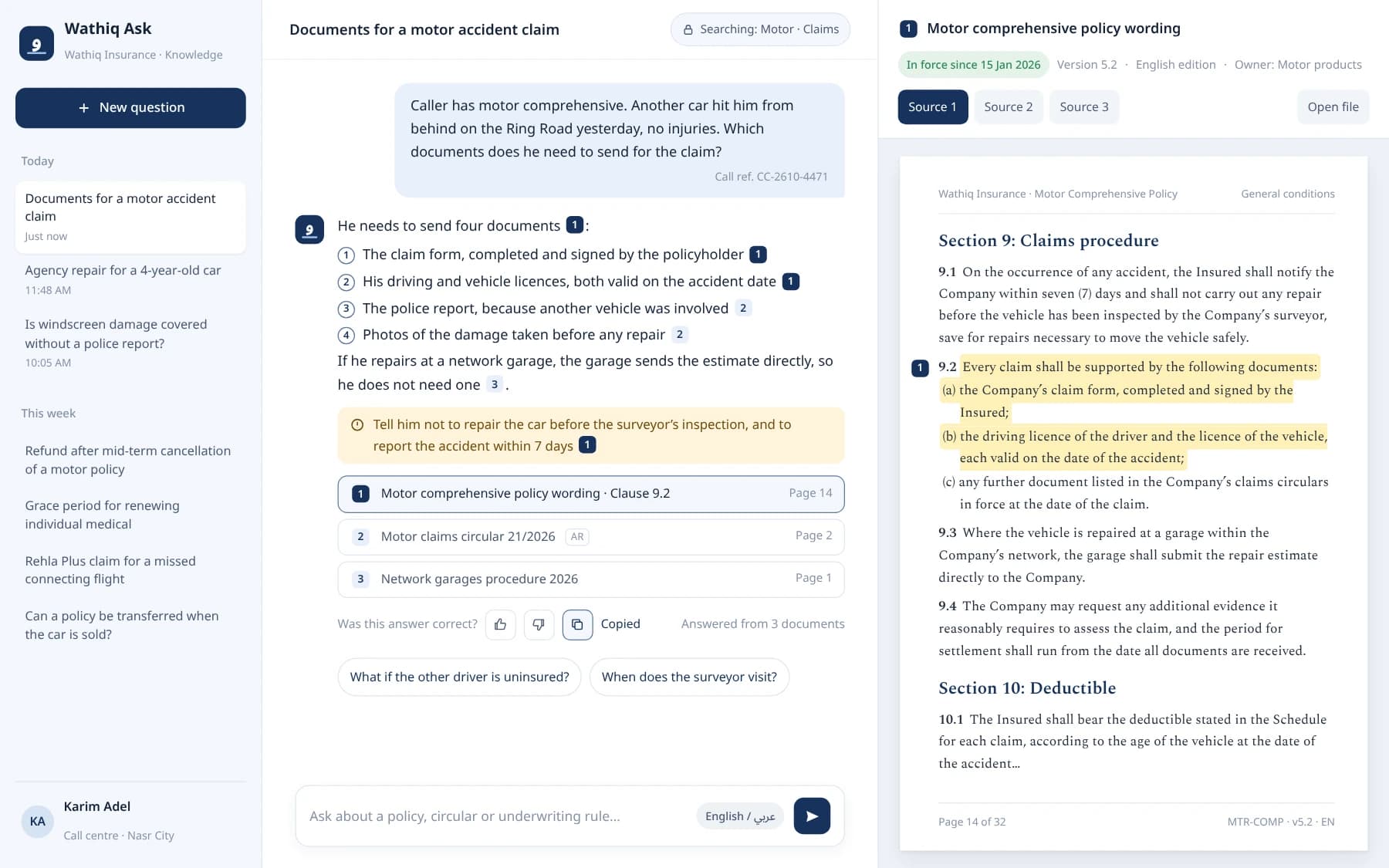 English chat answer listing the four documents a motor accident claim needs, with numbered citations and the policy page open at clause 9.2.
