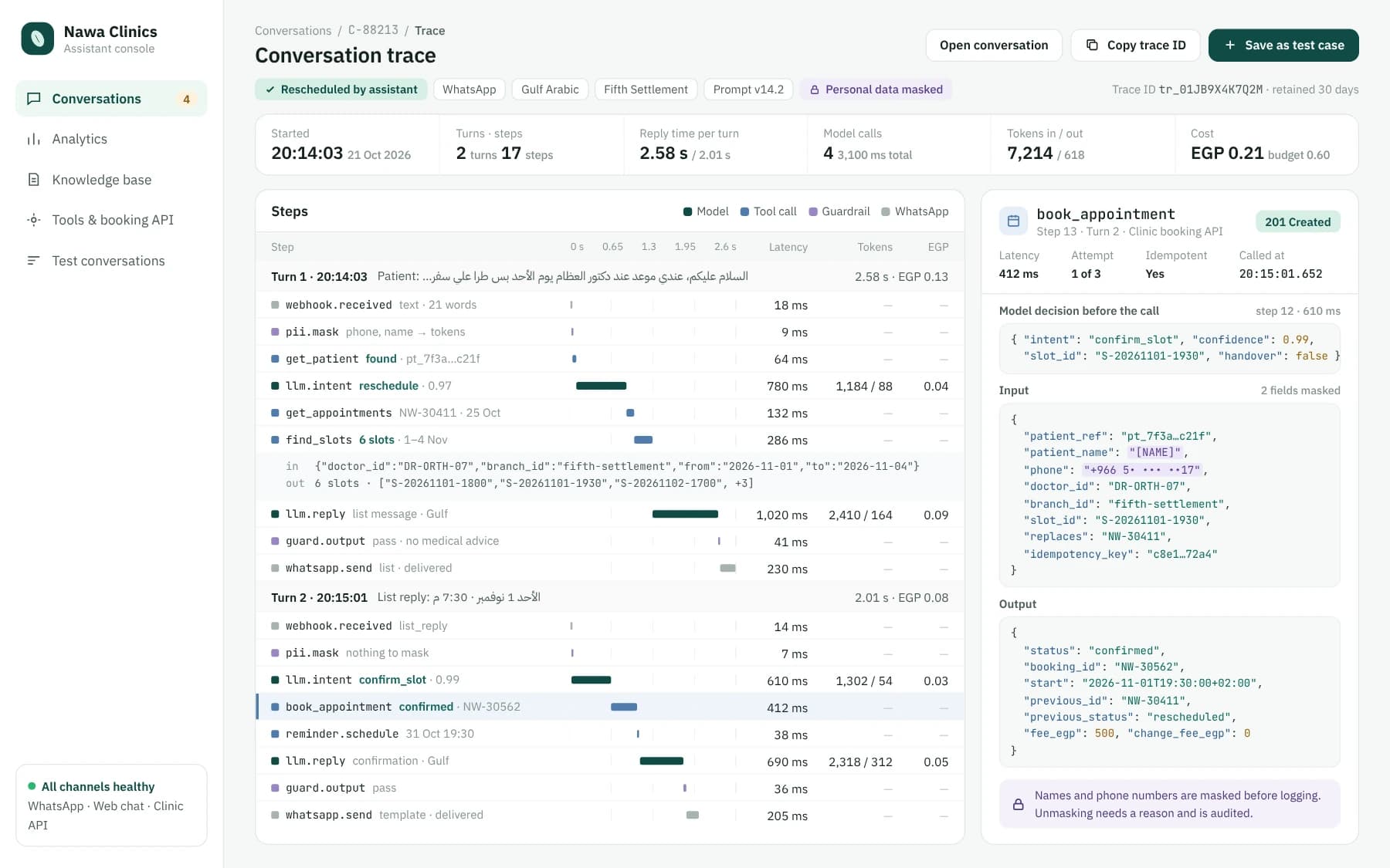 Trace of one conversation: each step with the model's intent, find_slots and book_appointment calls with masked inputs and outputs, latency and cost.