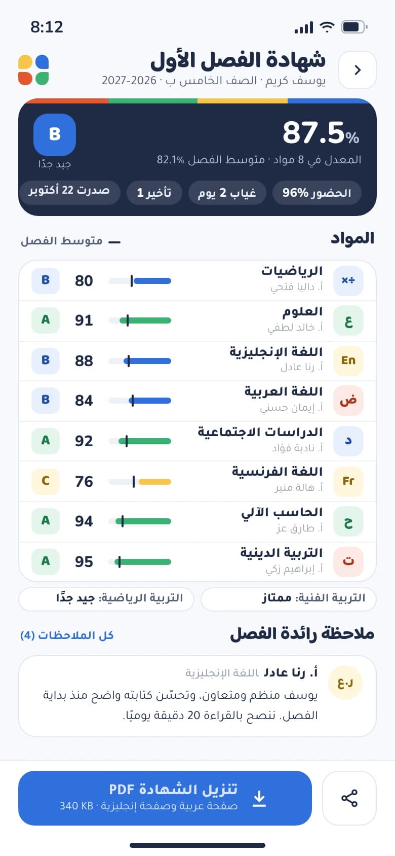Parent app report card in Arabic for a Grade 5 child: marks in eight subjects against the class average, a teacher's note and a PDF download.
