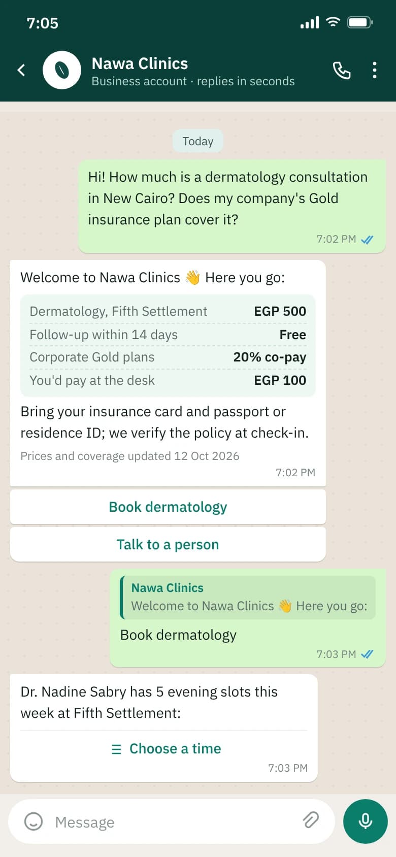 WhatsApp chat in English: an expat asks about a dermatology price and insurance cover, gets an answer from the knowledge base and is offered a booking.