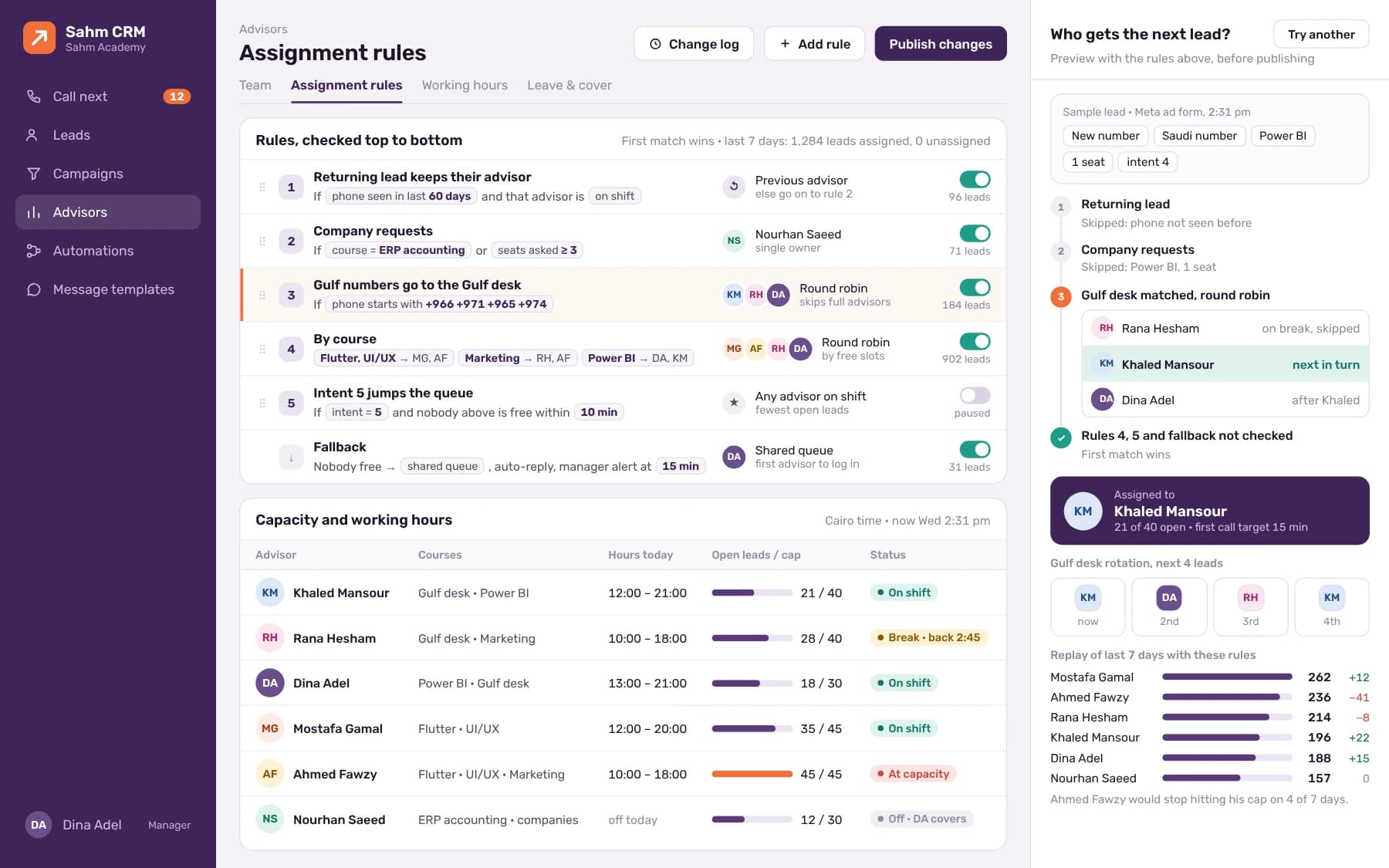 Assignment rules: ordered rules for returning leads, companies, Gulf numbers and courses, advisor capacity and hours, and who gets the next lead.