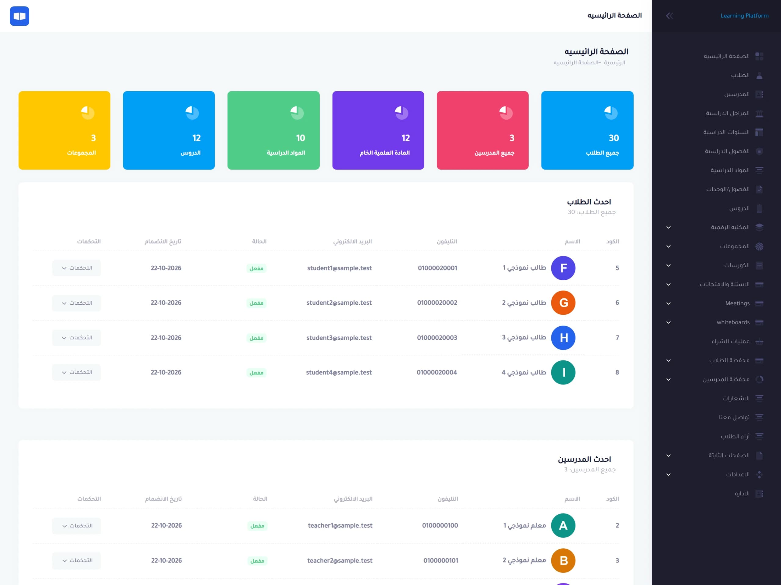 The admin home: counts of students, teachers, materials, subjects, lessons and groups, and the latest students and teachers.