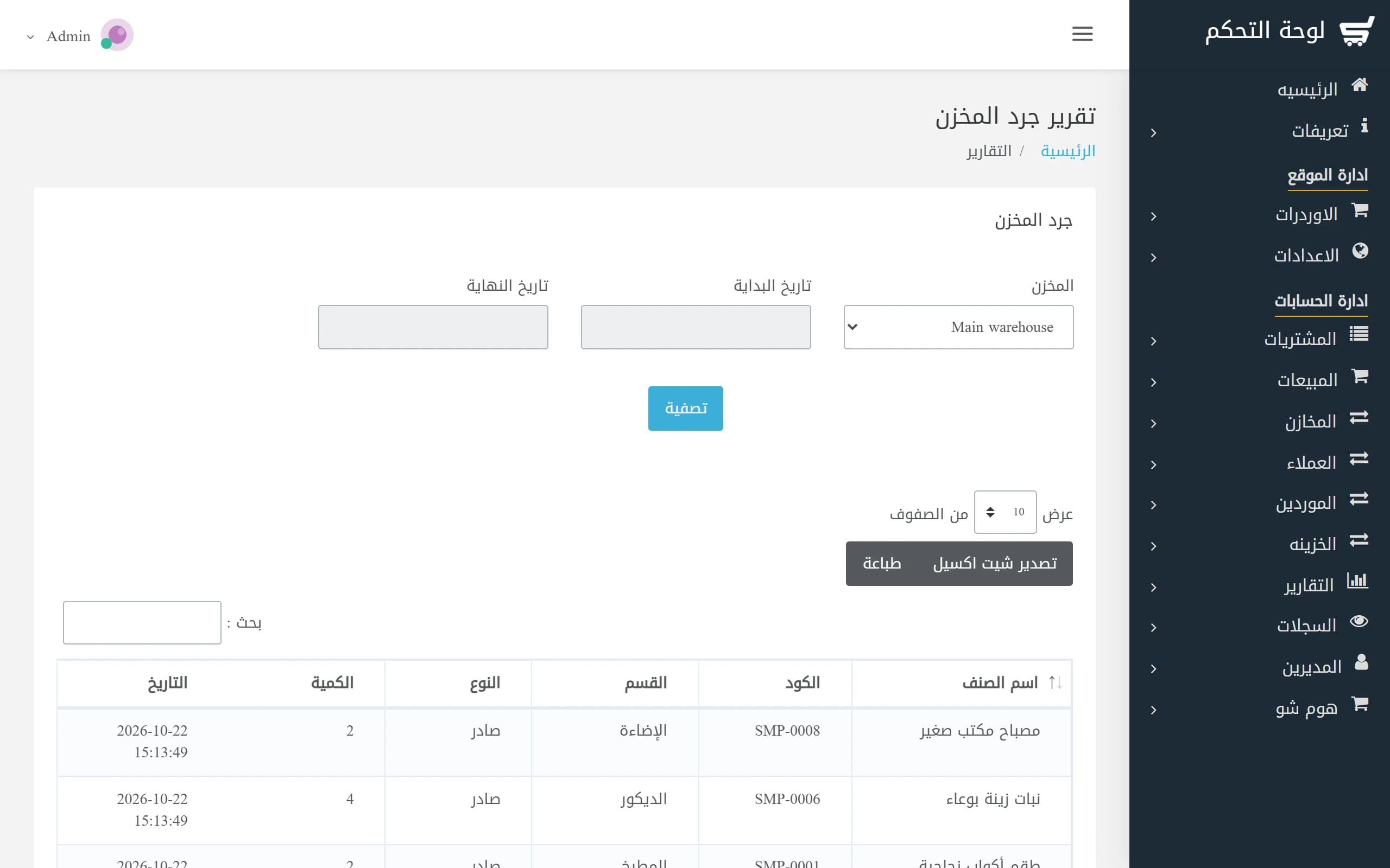 The stock movement report for a warehouse: each item’s code, category, type of movement, quantity and date.