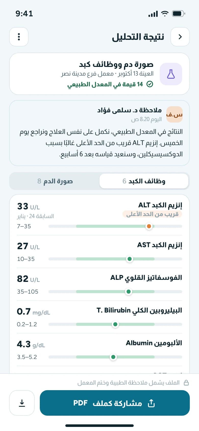 Patient app lab result in Arabic: liver panel values against reference ranges, one value near the upper limit, the doctor's note and a PDF share button.