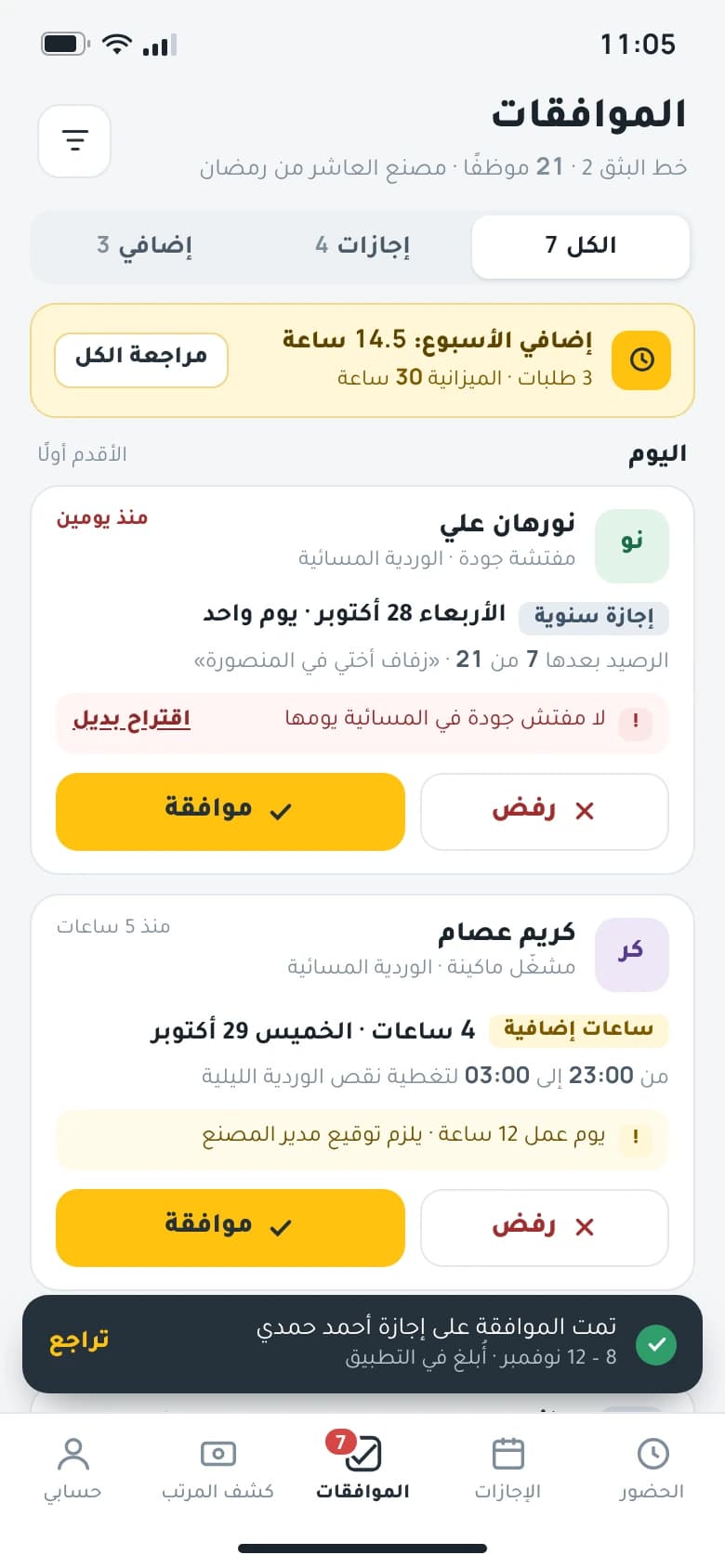 Arabic manager inbox on the phone with pending leave and overtime requests, coverage warnings and one-tap approve and reject buttons.