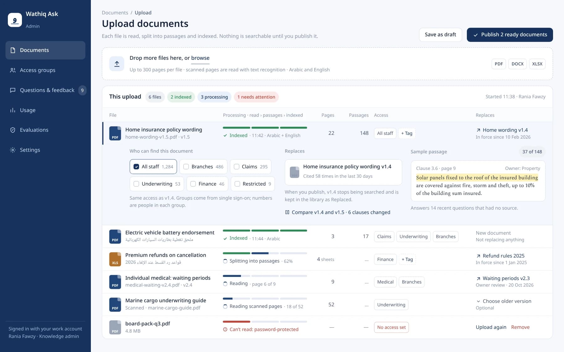 Upload screen with six files, each showing reading, passage and indexing progress, page and passage counts, access tags and the version it replaces.