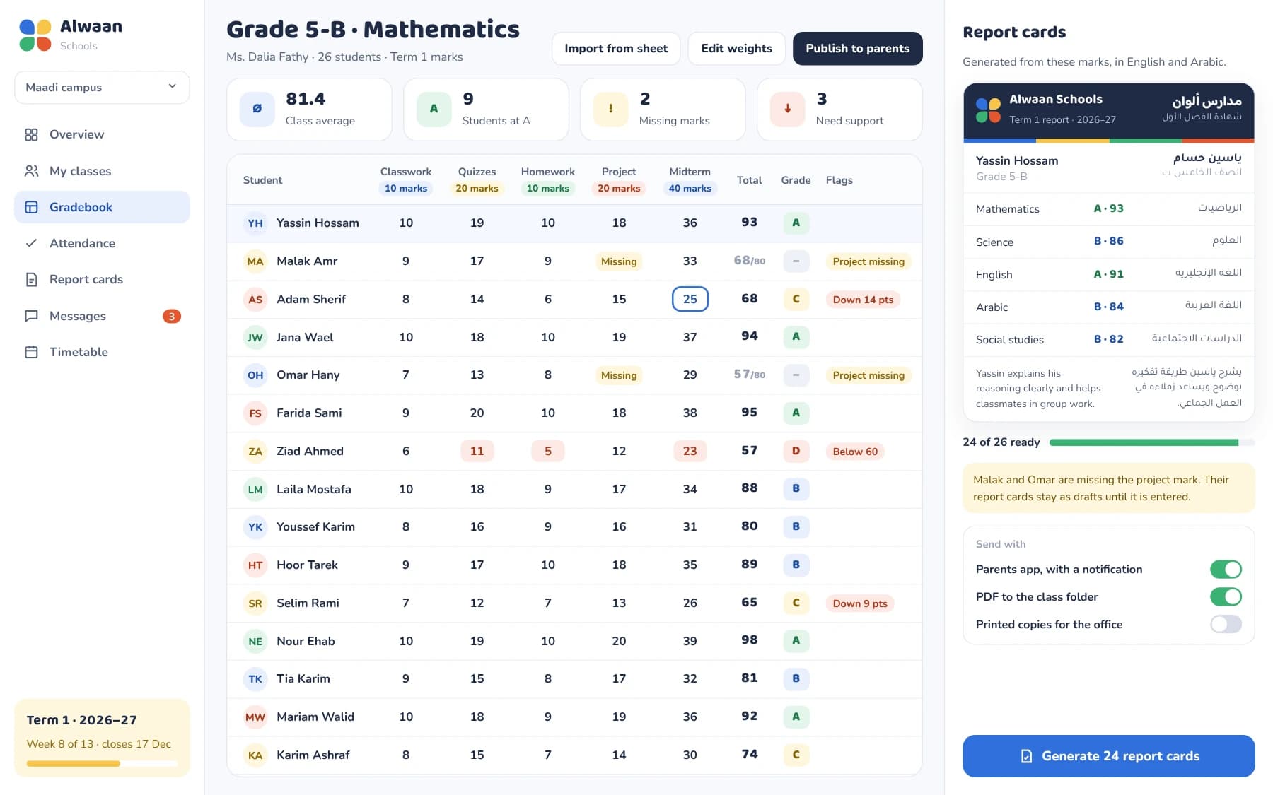 Gradebook for a Grade 5 maths class with weighted assessments, computed totals and a bilingual report card preview.